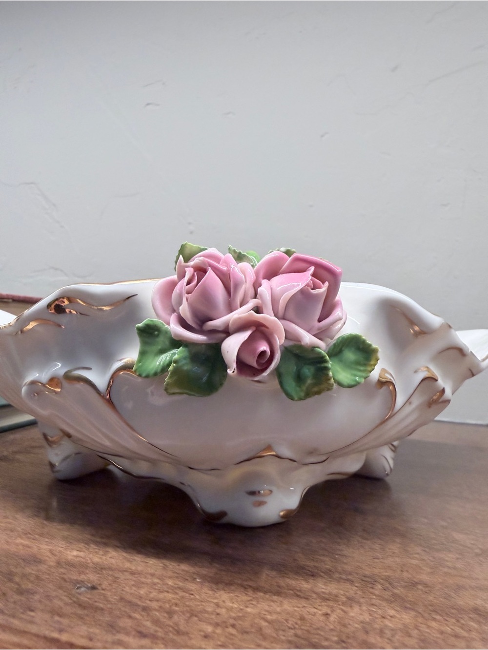 Vintage 1960s Sandizell Dresden Porcelain Pink Rose Bowl Germany 9” DMG